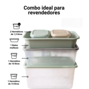 Combo de 5 recipientes herméticos de plástico y batea multiuso