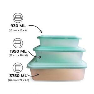 Set de 3 recipientes herméticos plásticos apilables de 930ml, 1950ml y 3750ml con tapas color verde pastel